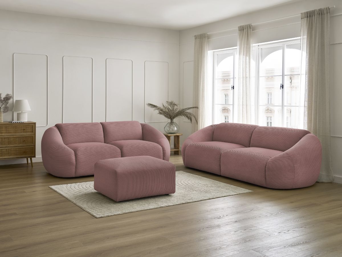 Ensemble canapé droit 3 + 2 places TINA velours côtelé avec pouf rose — vue 5