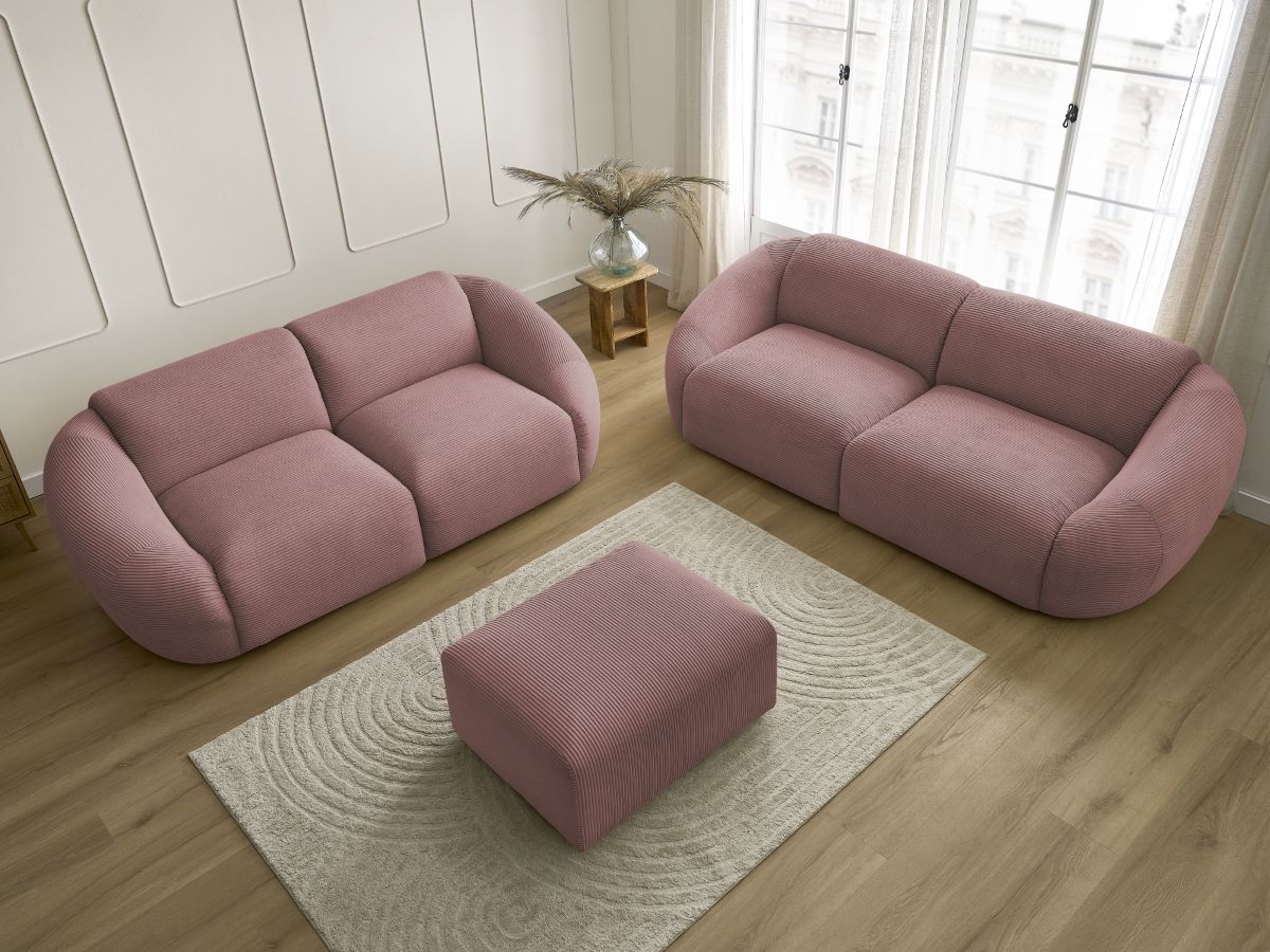 Ensemble canapé droit fixe 3 + 2 places TINA velours côtelé avec pouf