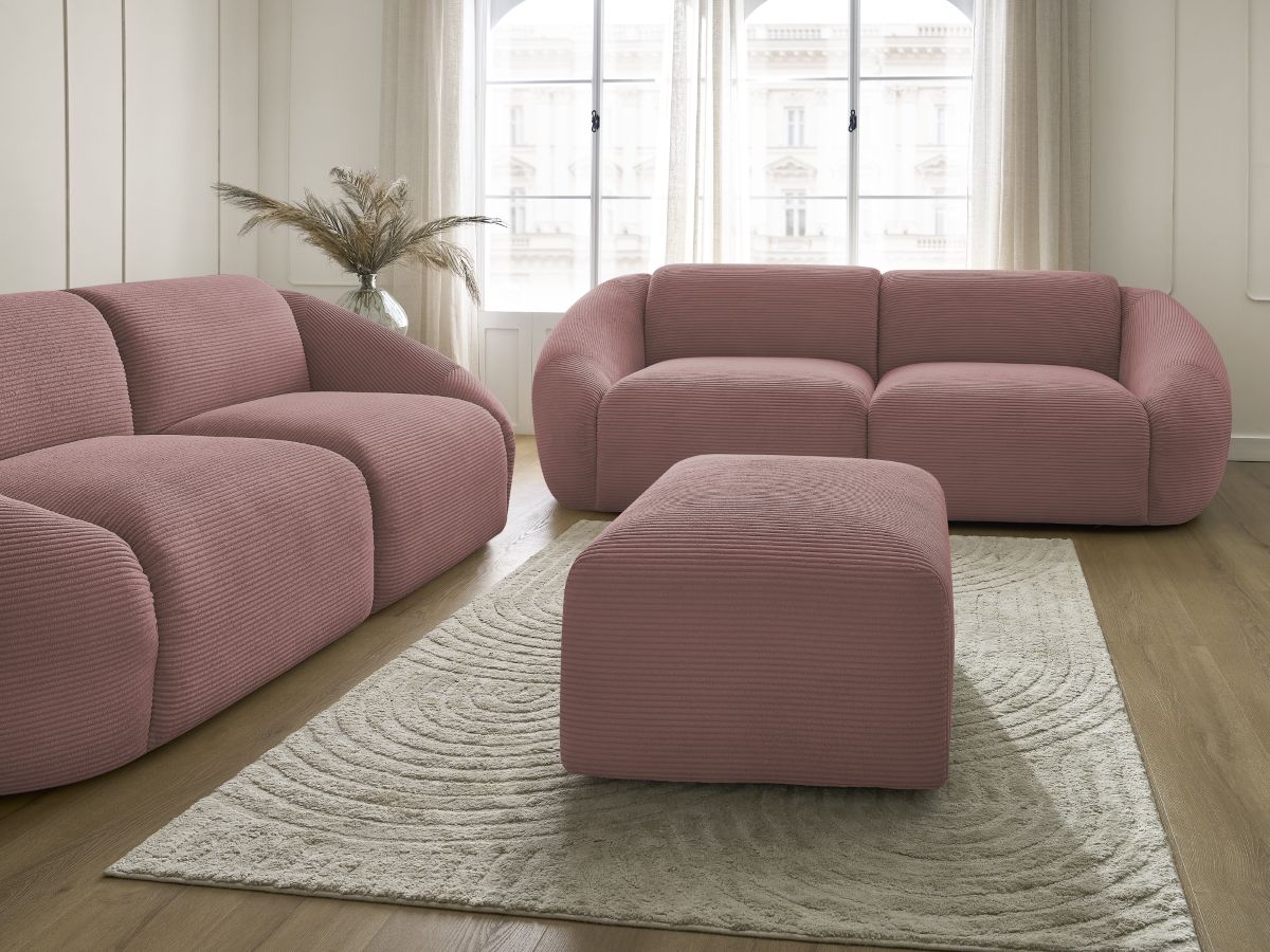 Ensemble canapé droit fixe 3 + 2 places TINA velours côtelé avec pouf