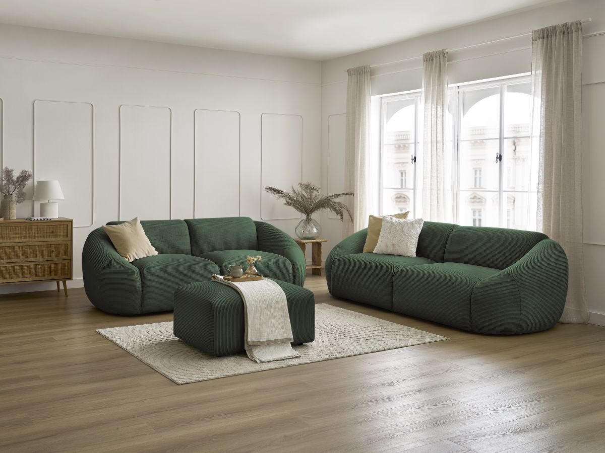 Ensemble canapé droit fixe 3 + 2 places TINA velours côtelé avec pouf vert   BOBOCHIC