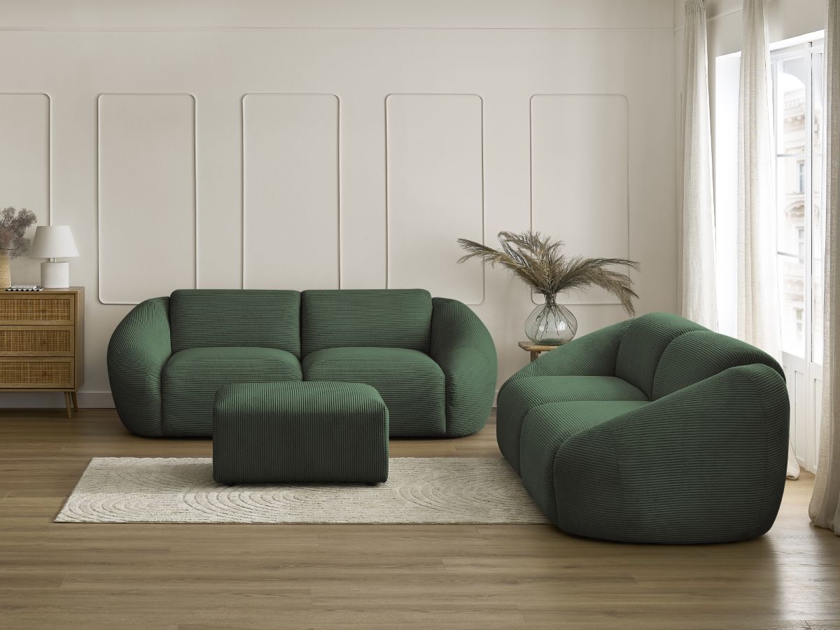Ensemble canapé droit fixe 3 + 2 places TINA velours côtelé avec pouf