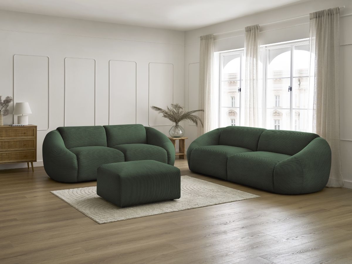 Ensemble canapé droit 3 + 2 places TINA velours côtelé avec pouf vert — vue 5