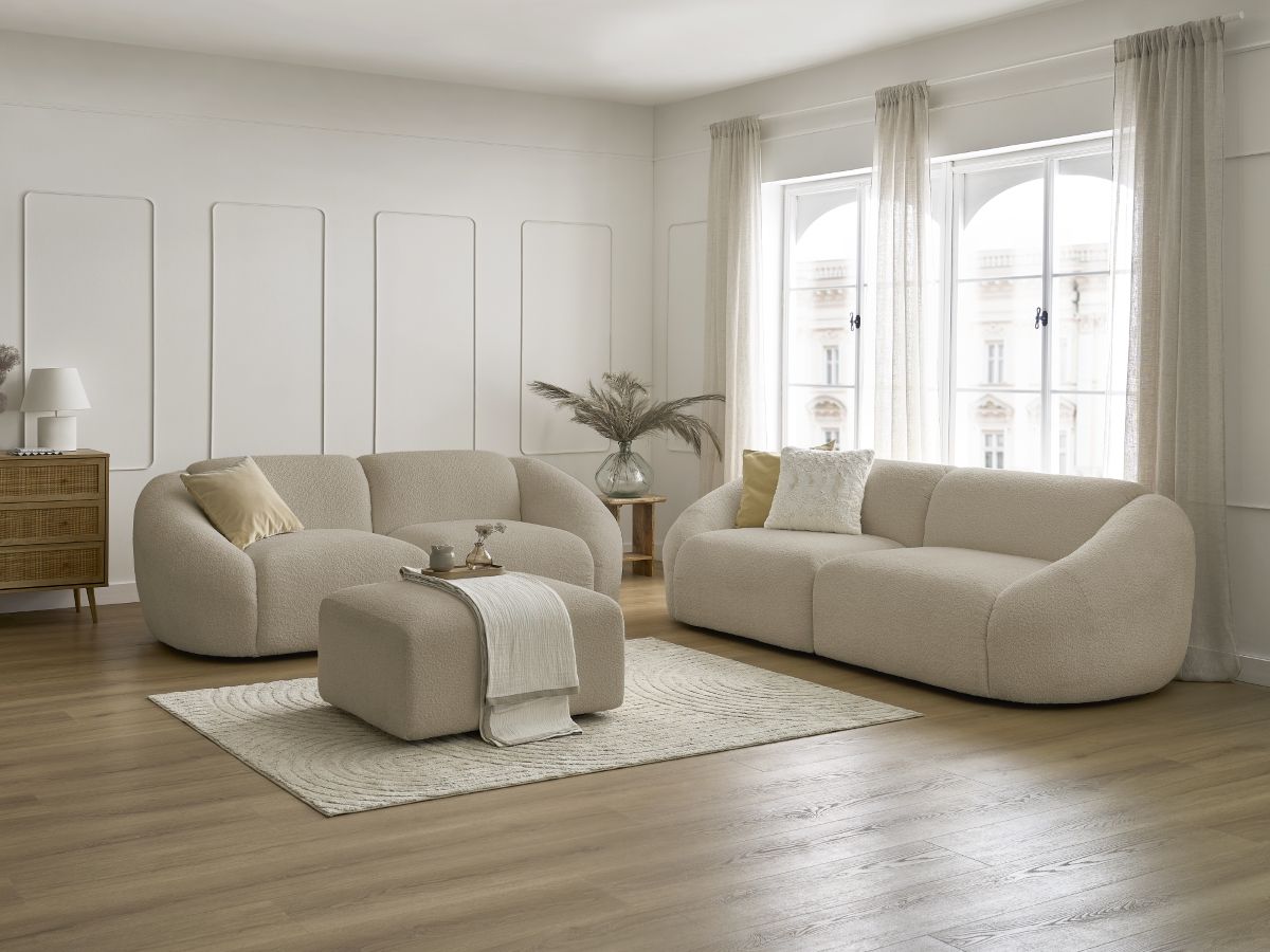 Ensemble canapé droit fixe 3 + 2 places TINA tissu bouclette avec pouf