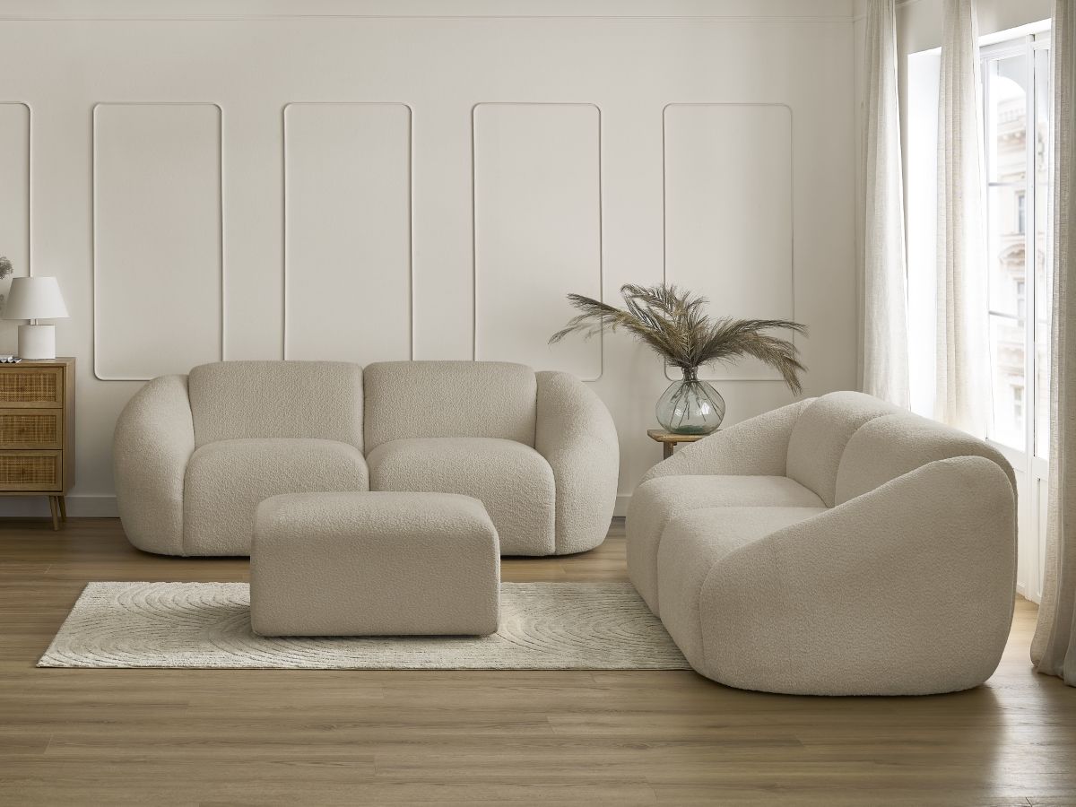 Ensemble canapé droit fixe 3 + 2 places TINA tissu bouclette avec pouf