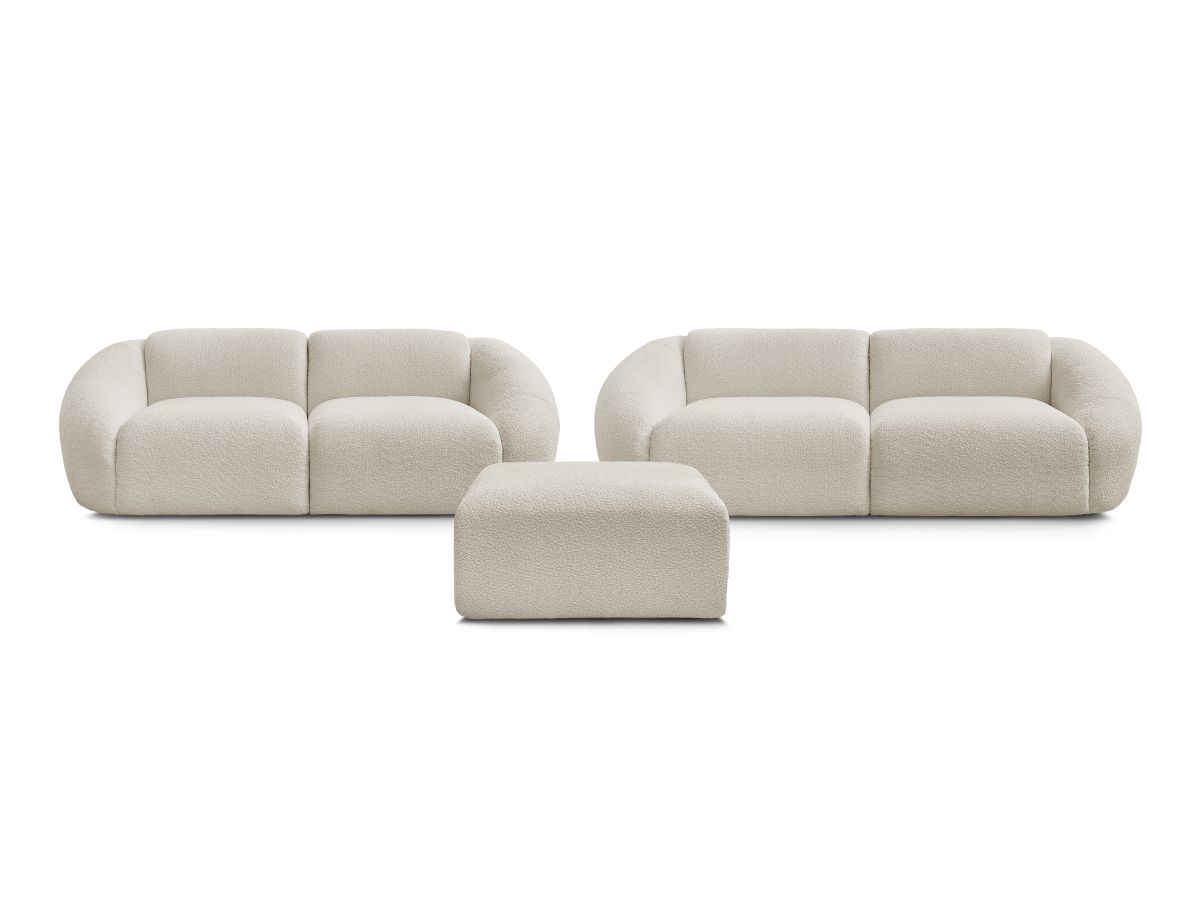 Ensemble canapé droit fixe 3 + 2 places TINA tissu bouclette avec pouf
