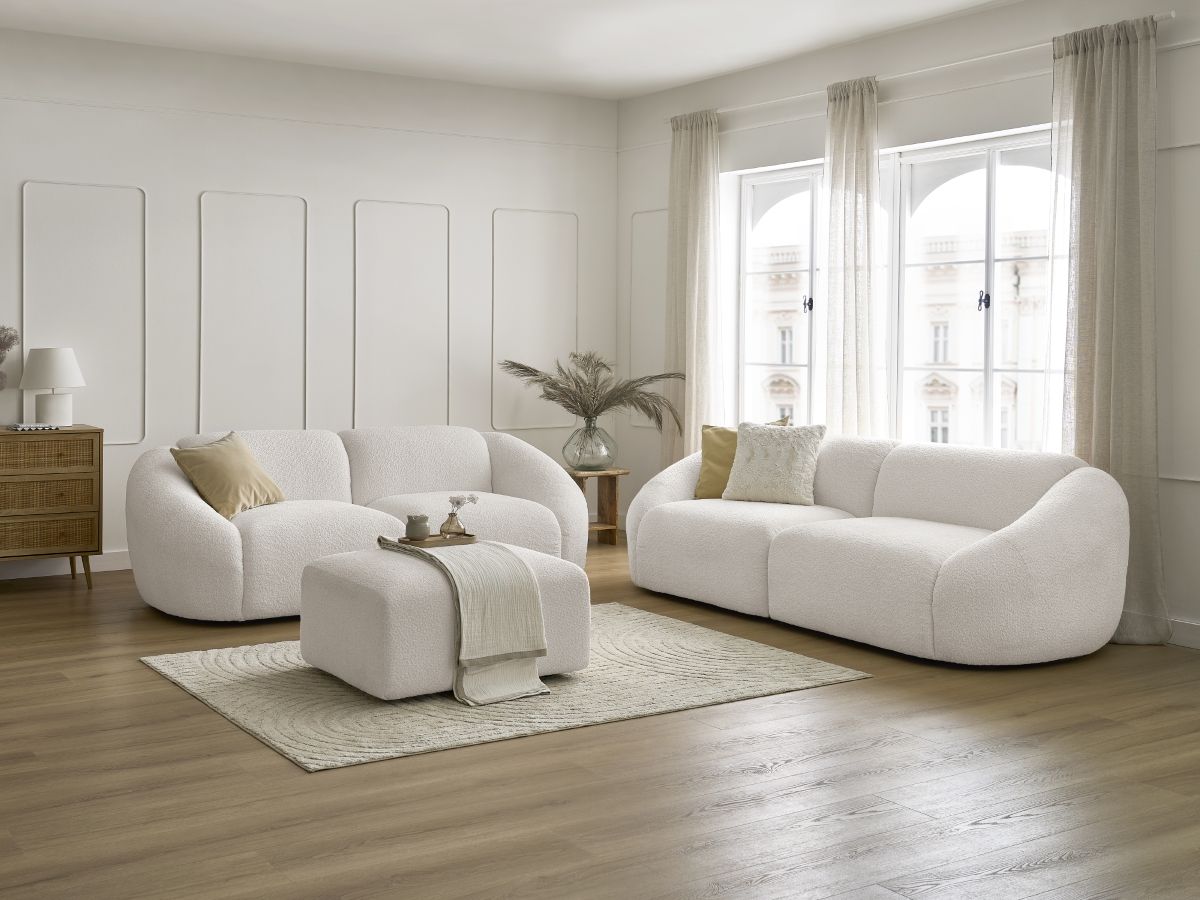 Ensemble canapé droit fixe 3 + 2 places TINA tissu bouclette avec pouf