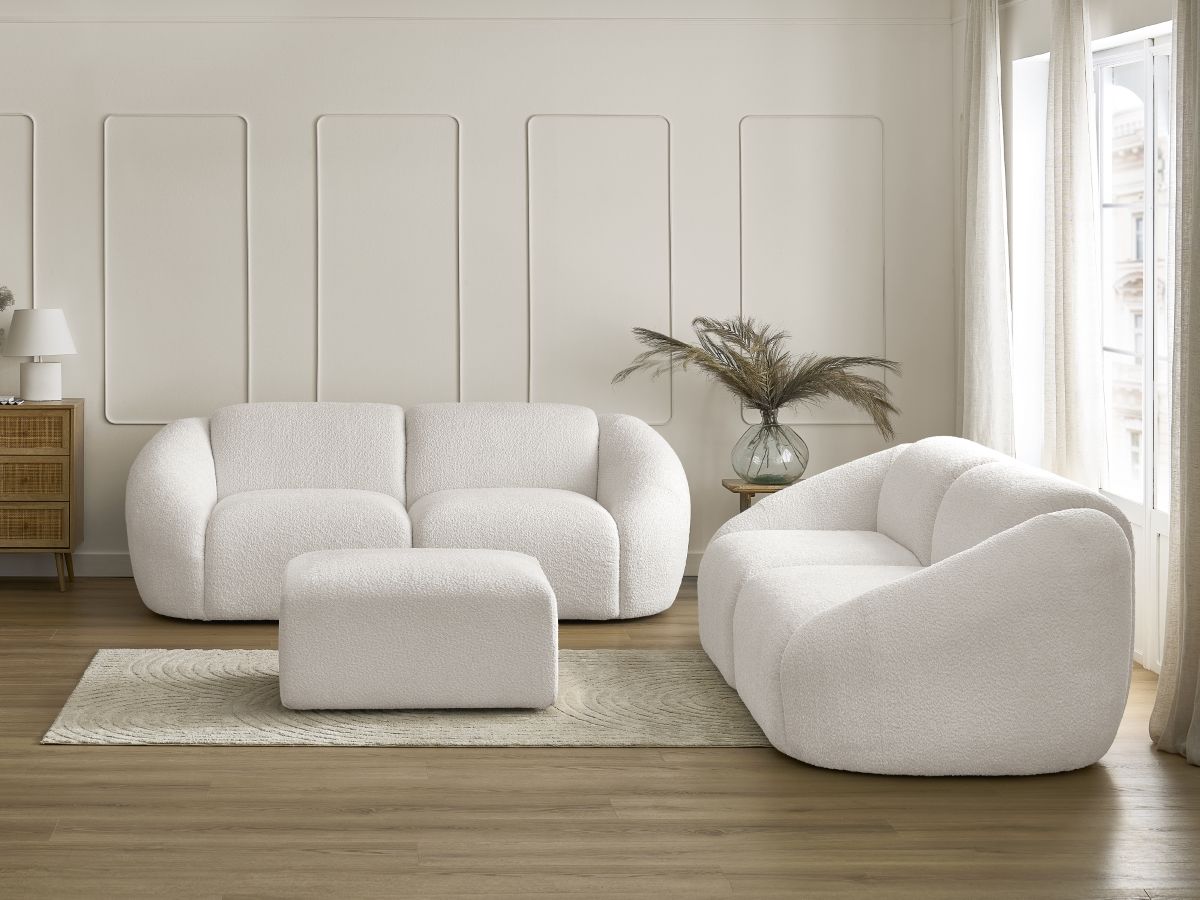 Ensemble canapé droit fixe 3 + 2 places TINA tissu bouclette avec pouf