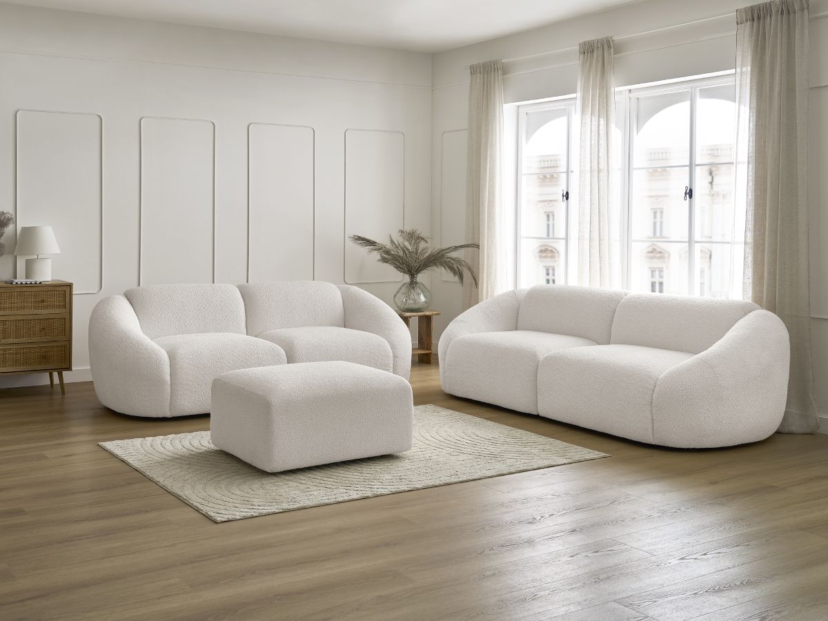 Ensemble canapé droit 3 + 2 places TINA bouclette avec pouf blanc — vue 5