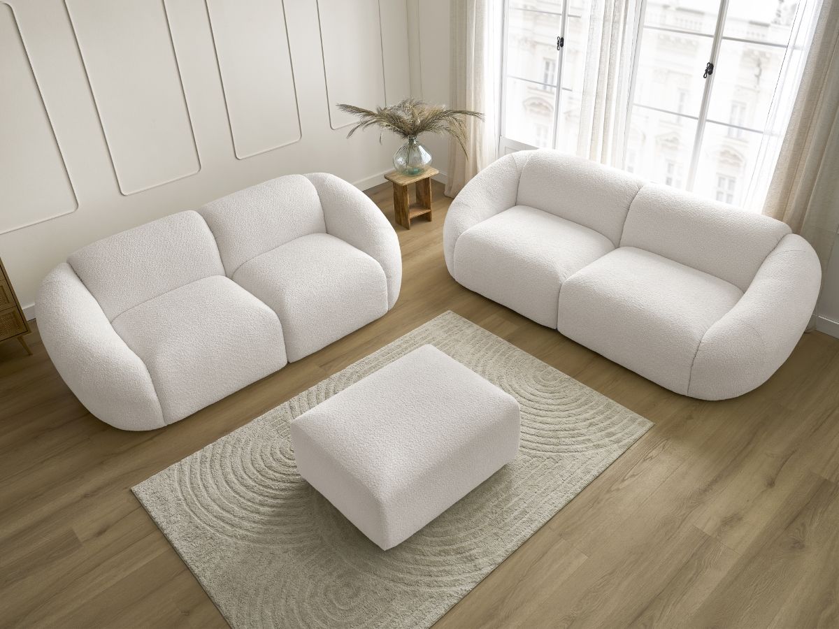 Ensemble canapé droit fixe 3 + 2 places TINA tissu bouclette avec pouf