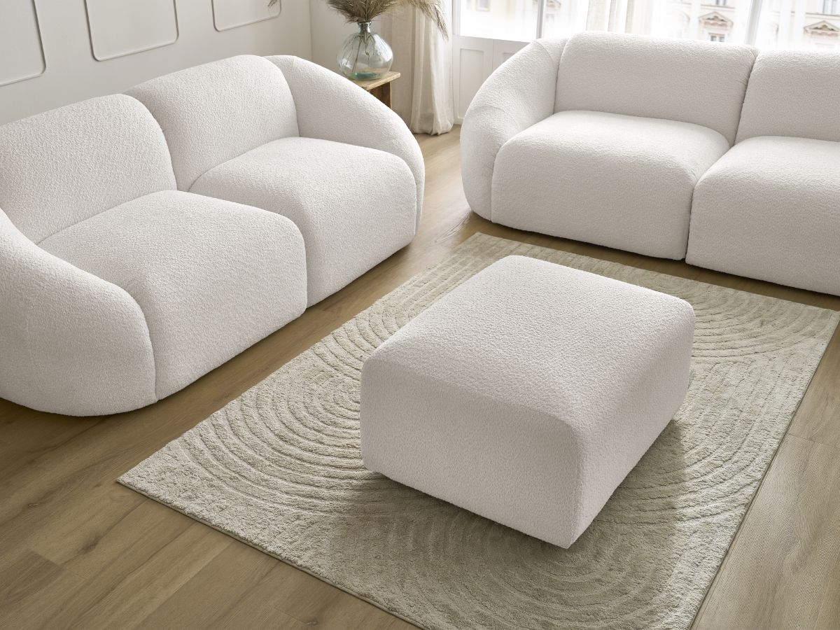 Ensemble canapé droit fixe 3 + 2 places TINA tissu bouclette avec pouf