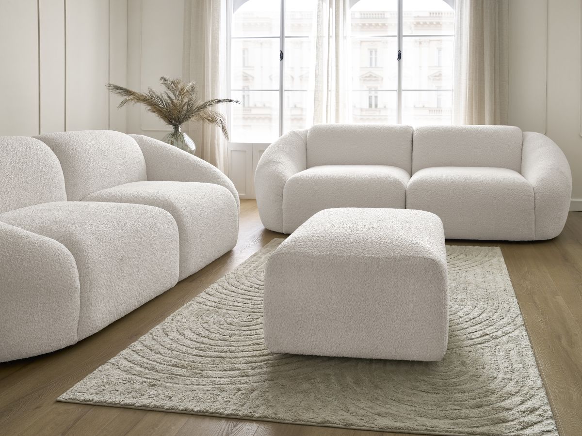 Ensemble canapé droit fixe 3 + 2 places TINA tissu bouclette avec pouf