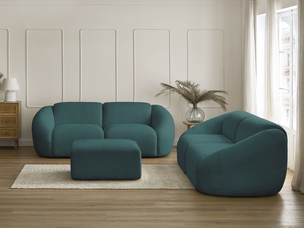 Ensemble canapé droit fixe 3 + 2 places TINA tissu bouclette avec pouf