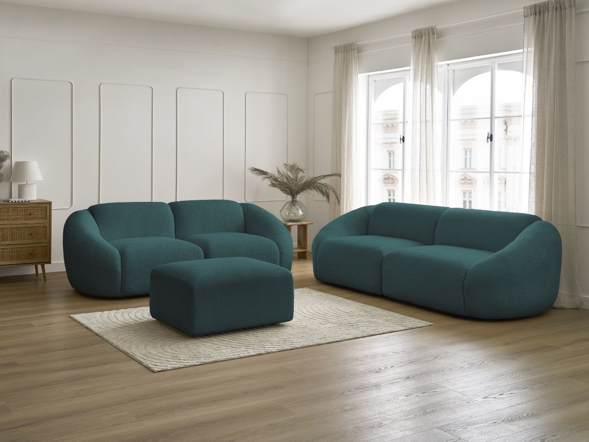 Ensemble canapé droit 3 + 2 places TINA bouclette avec pouf bleu clair — vue 5