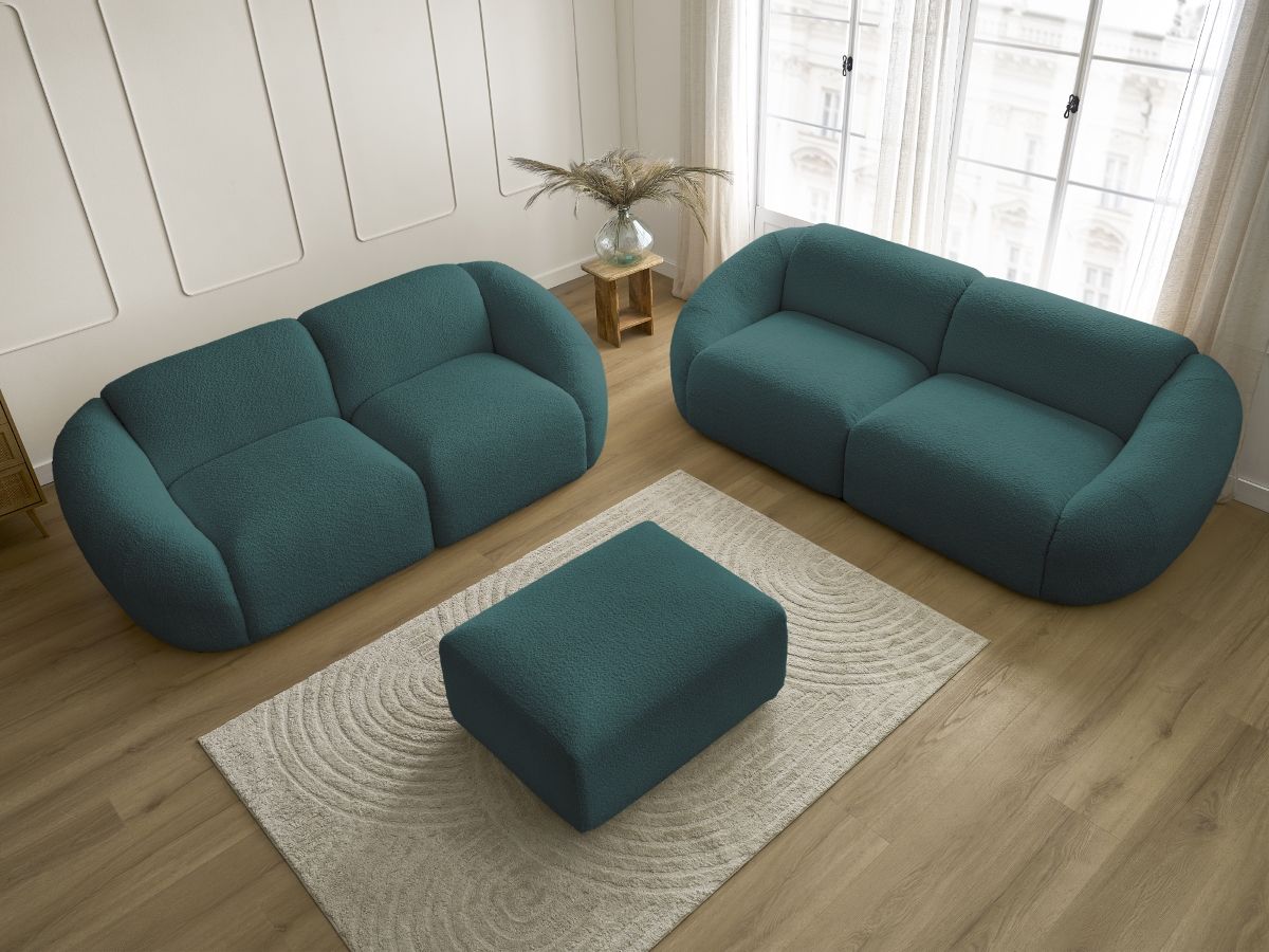 Ensemble canapé droit fixe 3 + 2 places TINA tissu bouclette avec pouf