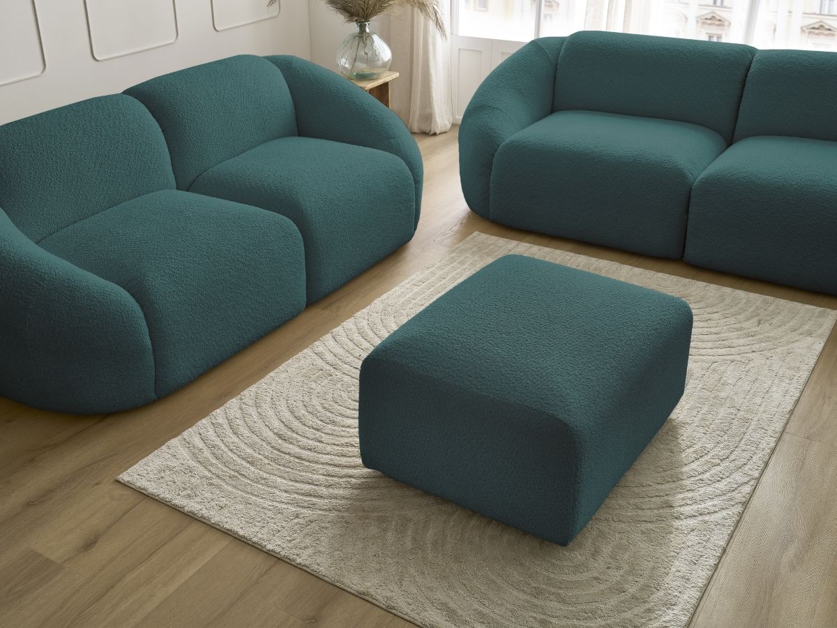 Ensemble canapé droit fixe 3 + 2 places TINA tissu bouclette avec pouf