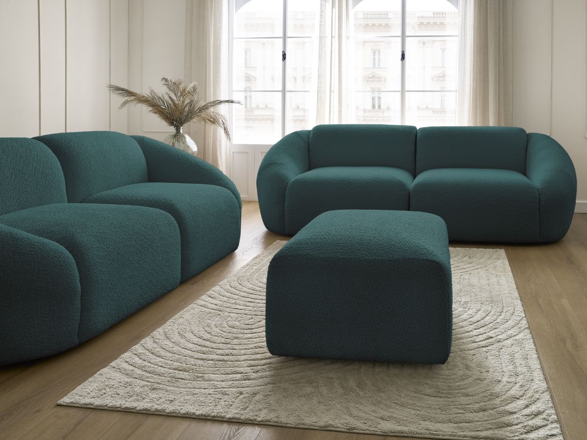 Ensemble canapé droit fixe 3 + 2 places TINA tissu bouclette avec pouf
