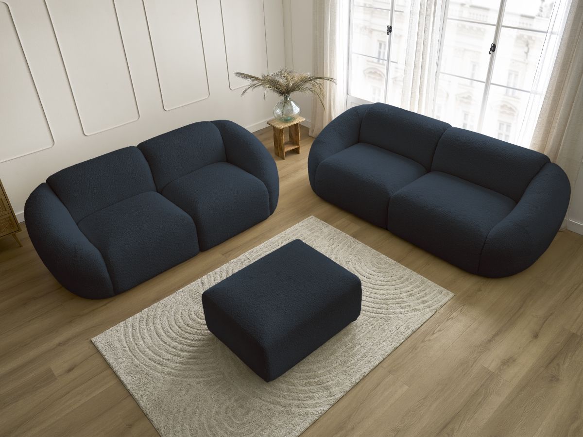 Ensemble canapé droit fixe 3 + 2 places TINA tissu bouclette avec pouf