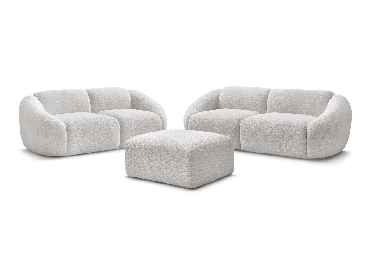 Ensemble canapé droit fixe 3 + 2 places TINA tissu bouclette avec pouf