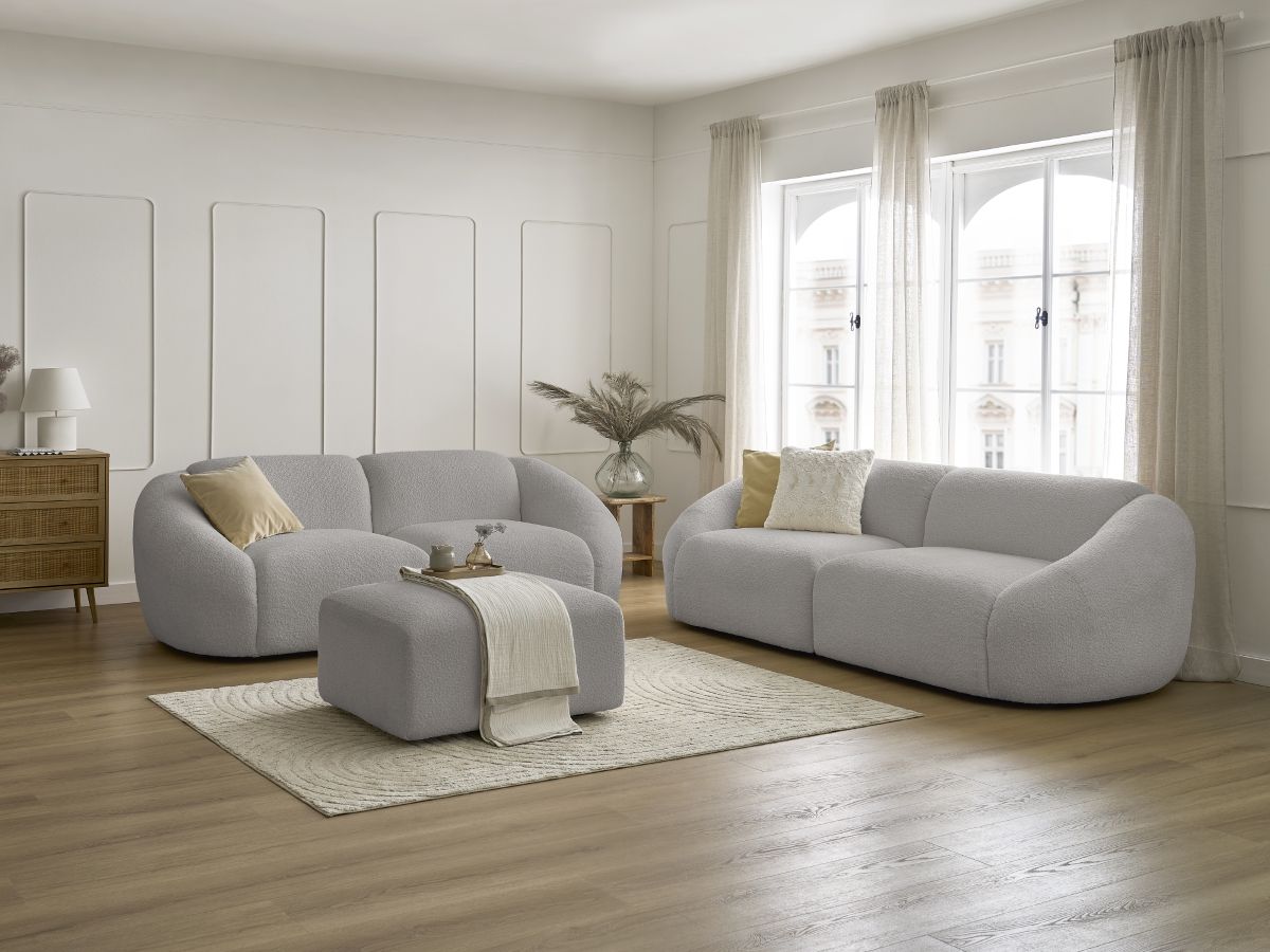 Ensemble canapé droit fixe 3 + 2 places TINA tissu bouclette avec pouf