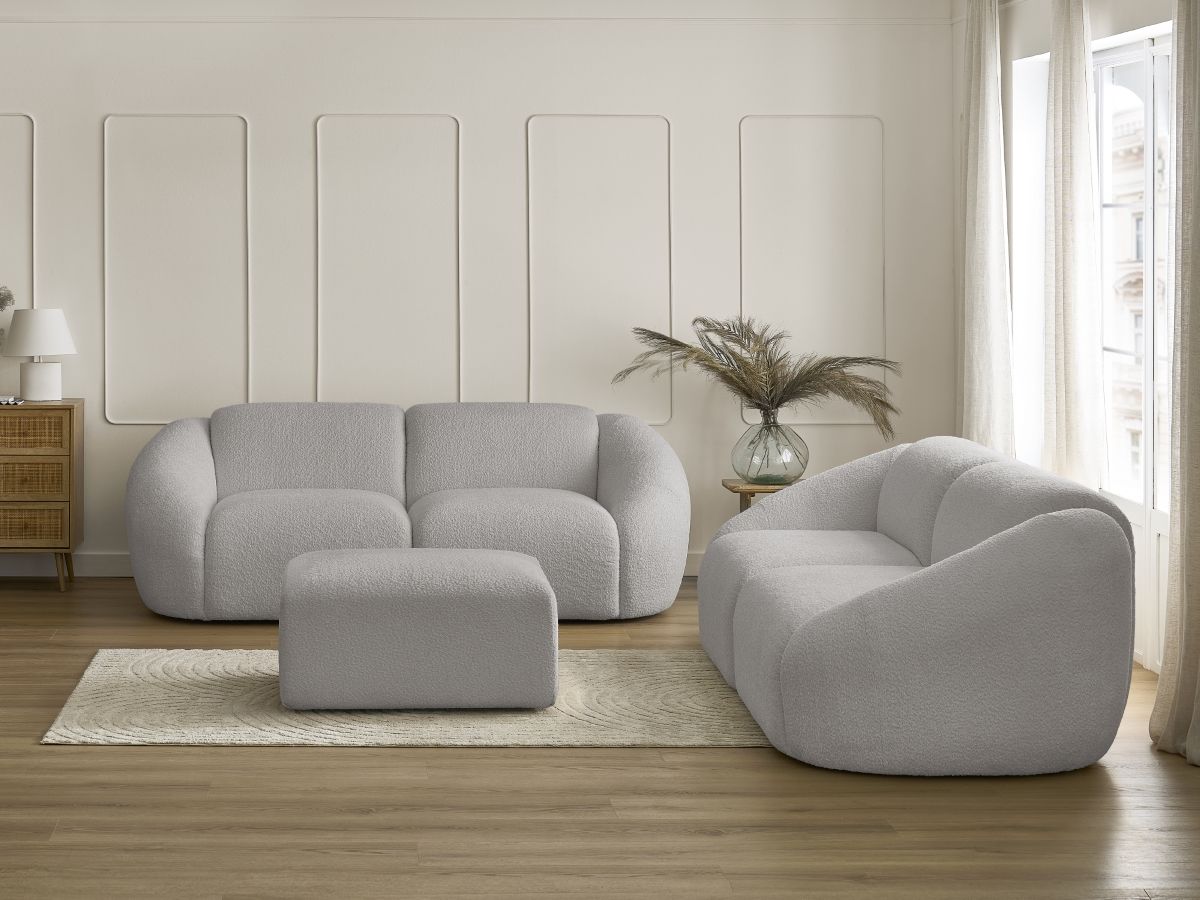 Ensemble canapé droit fixe 3 + 2 places TINA tissu bouclette avec pouf