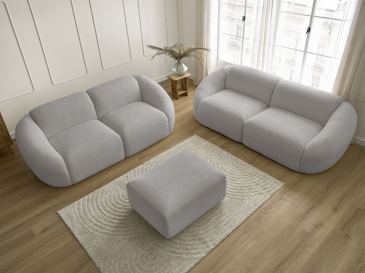 Ensemble canapé droit fixe 3 + 2 places TINA tissu bouclette avec pouf