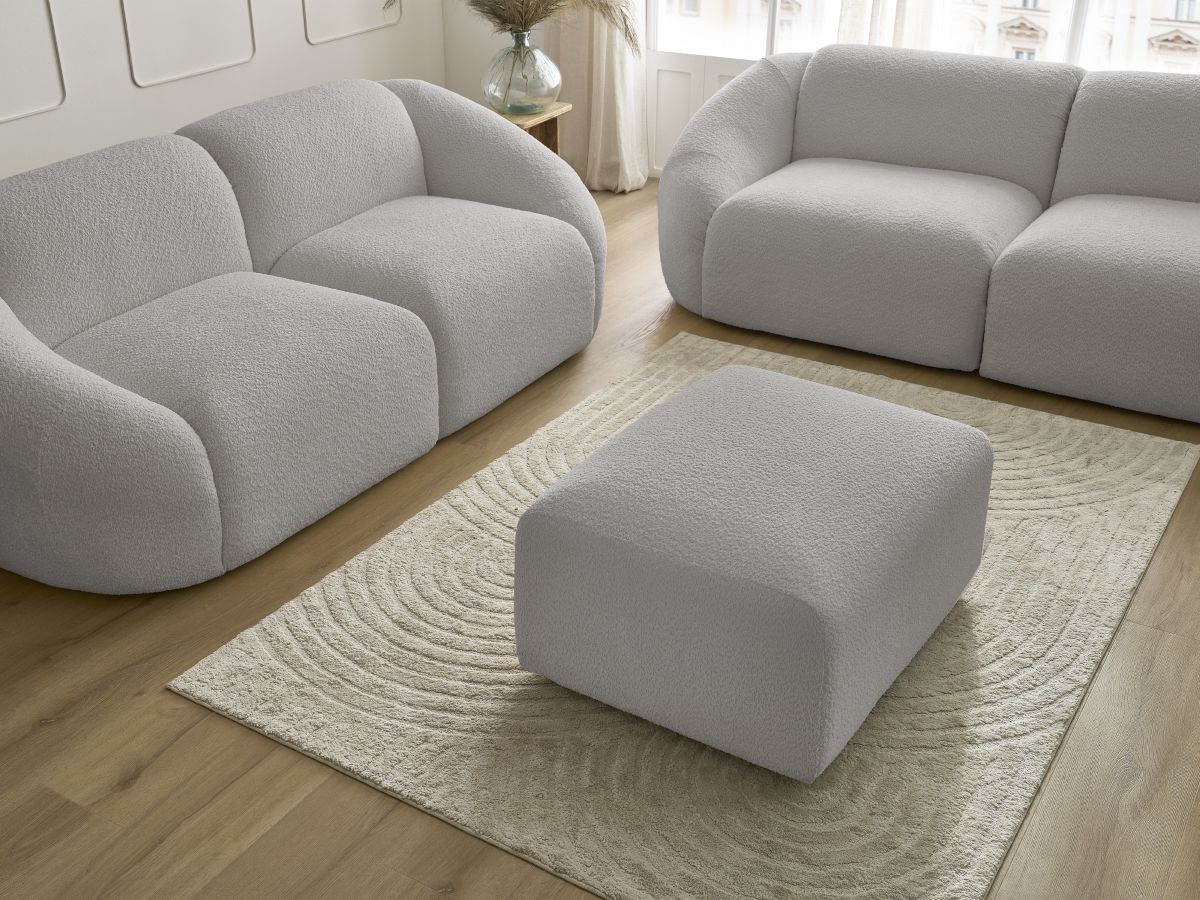 Ensemble canapé droit fixe 3 + 2 places TINA tissu bouclette avec pouf