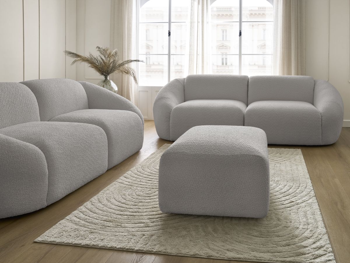 Ensemble canapé droit fixe 3 + 2 places TINA tissu bouclette avec pouf