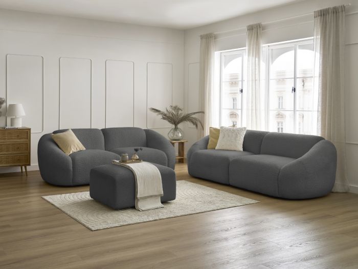 Ensemble canapé droit fixe 3 + 2 places TINA tissu bouclette avec pouf