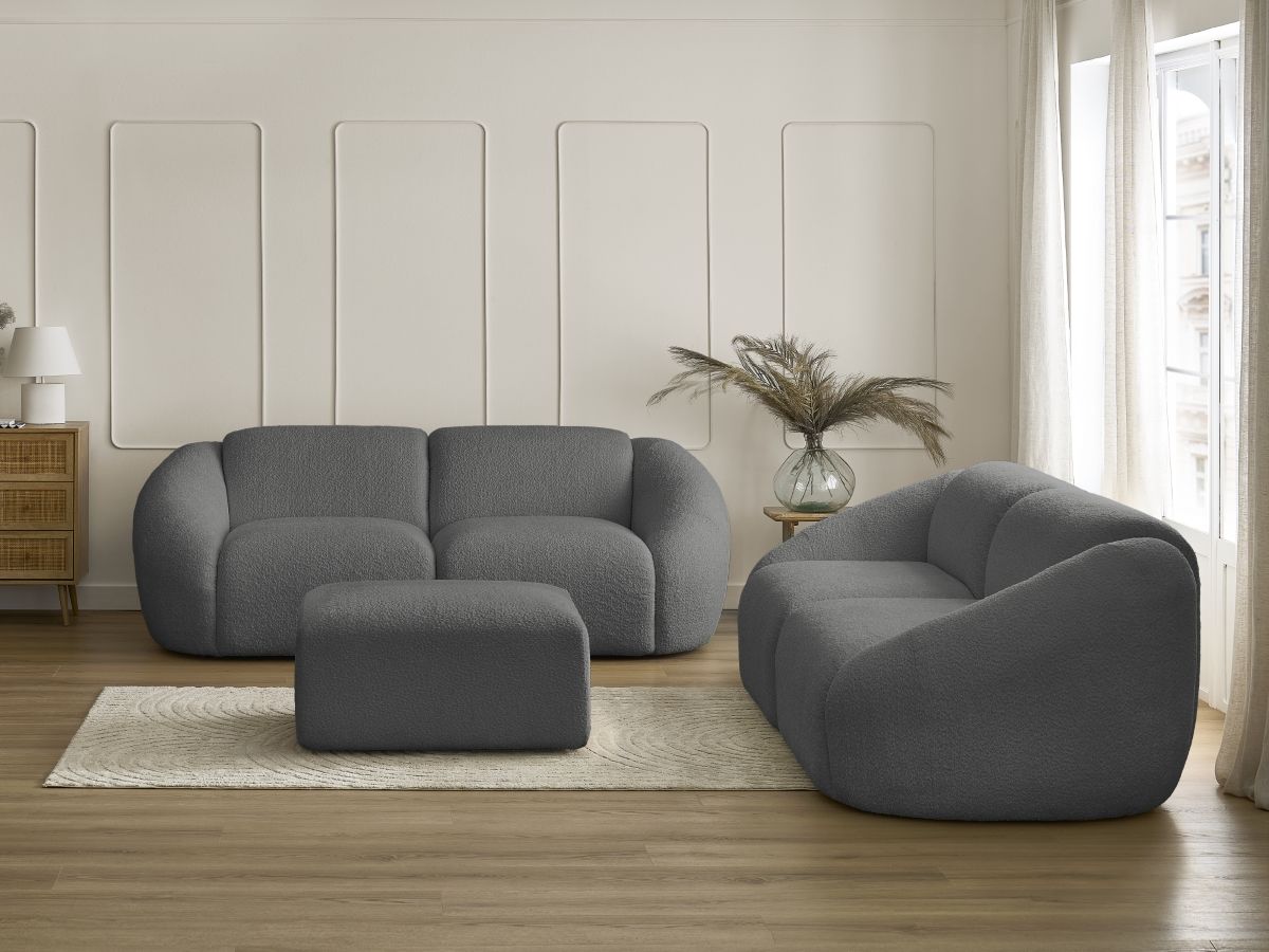 Ensemble canapé droit fixe 3 + 2 places TINA tissu bouclette avec pouf