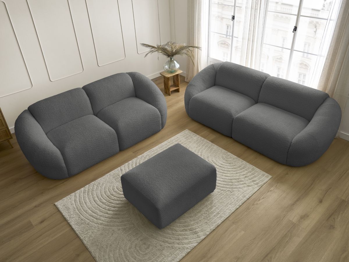 Ensemble canapé droit fixe 3 + 2 places TINA tissu bouclette avec pouf