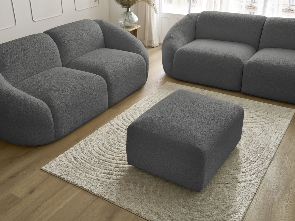 Ensemble canapé droit fixe 3 + 2 places TINA tissu bouclette avec pouf