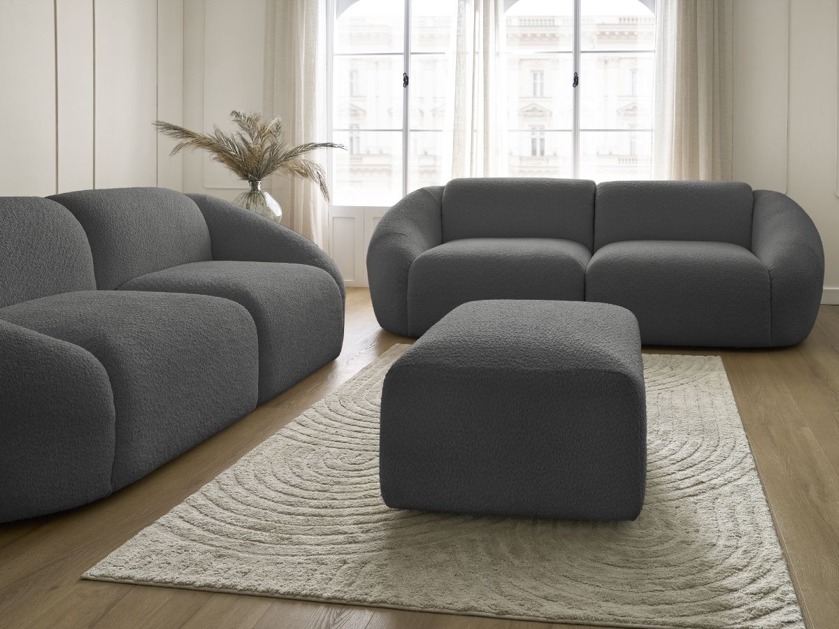 Ensemble canapé droit fixe 3 + 2 places TINA tissu bouclette avec pouf