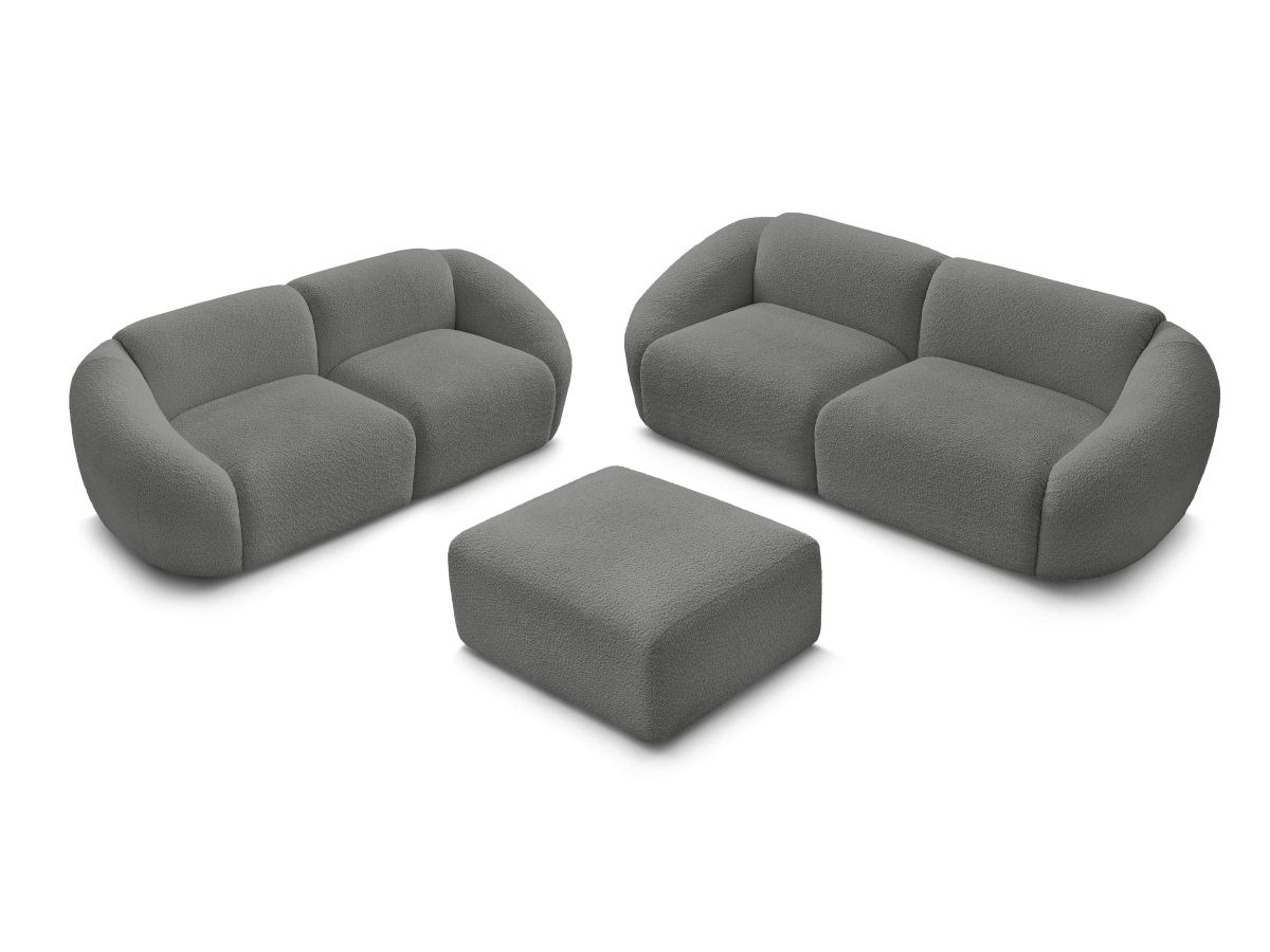 Ensemble canapé droit fixe 3 + 2 places TINA tissu bouclette avec pouf