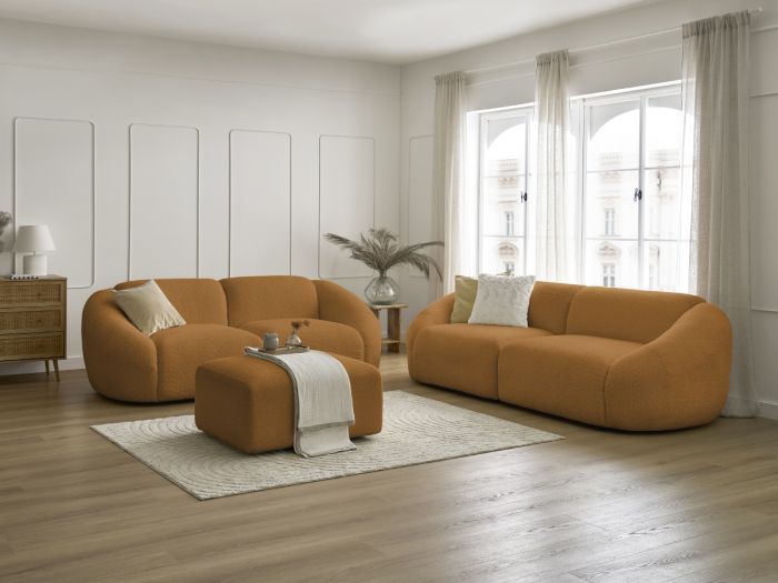 Ensemble canapé droit fixe 3 + 2 places TINA tissu bouclette avec pouf