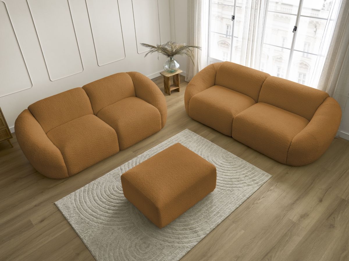 Ensemble canapé droit fixe 3 + 2 places TINA tissu bouclette avec pouf