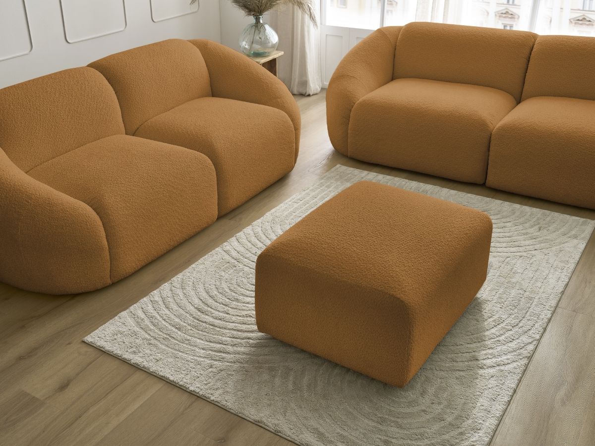 Ensemble canapé droit fixe 3 + 2 places TINA tissu bouclette avec pouf