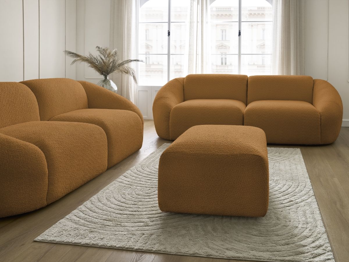 Ensemble canapé droit fixe 3 + 2 places TINA tissu bouclette avec pouf