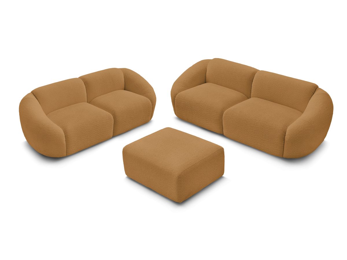 Ensemble canapé droit fixe 3 + 2 places TINA tissu bouclette avec pouf