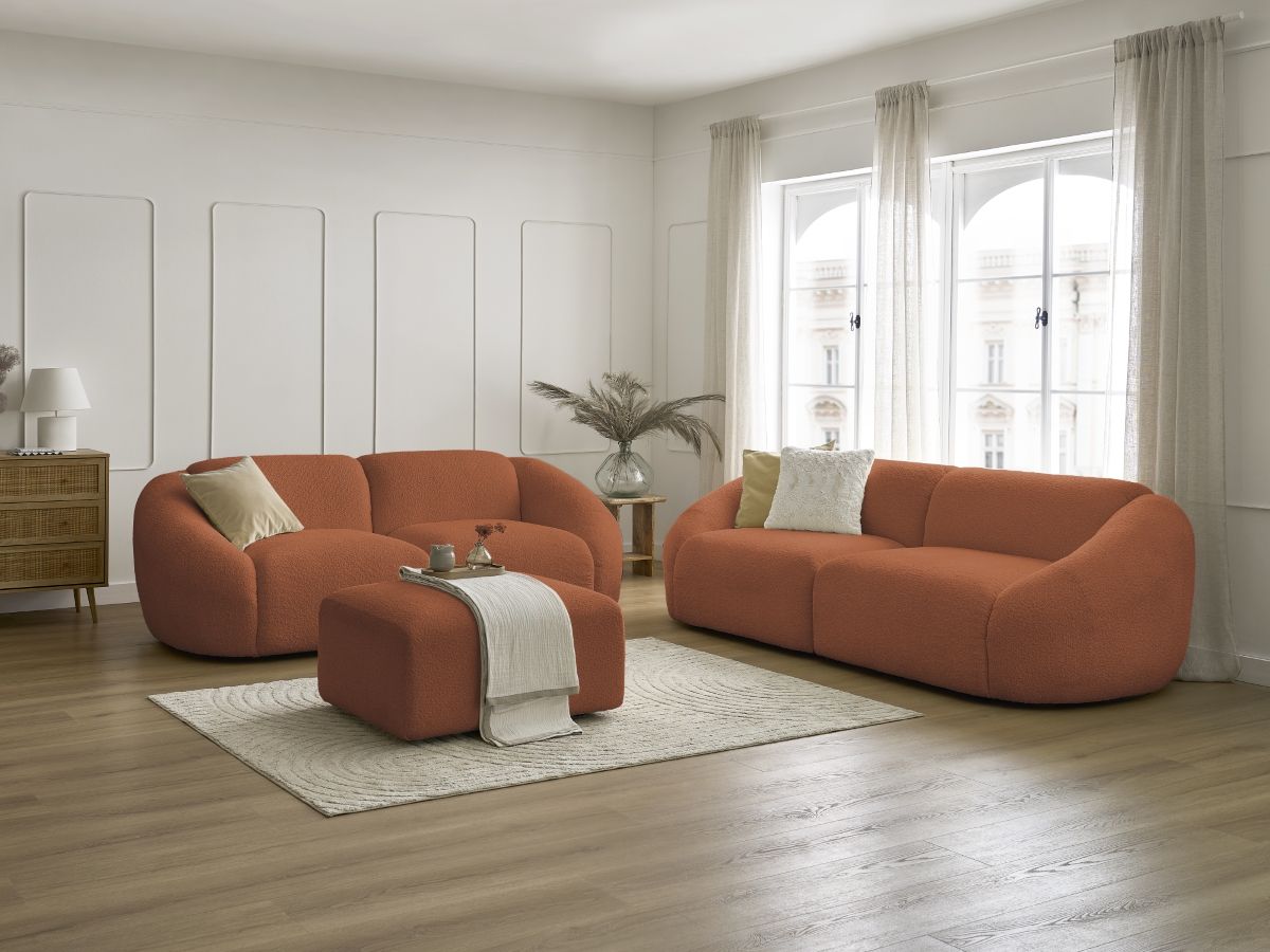 Ensemble canapé droit fixe 3 + 2 places TINA tissu bouclette avec pouf