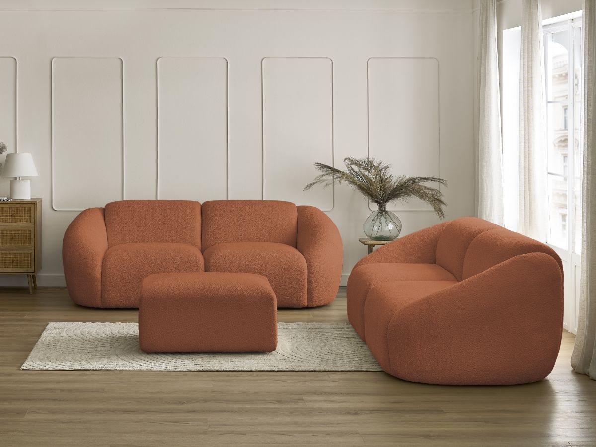 Ensemble canapé droit fixe 3 + 2 places TINA tissu bouclette avec pouf
