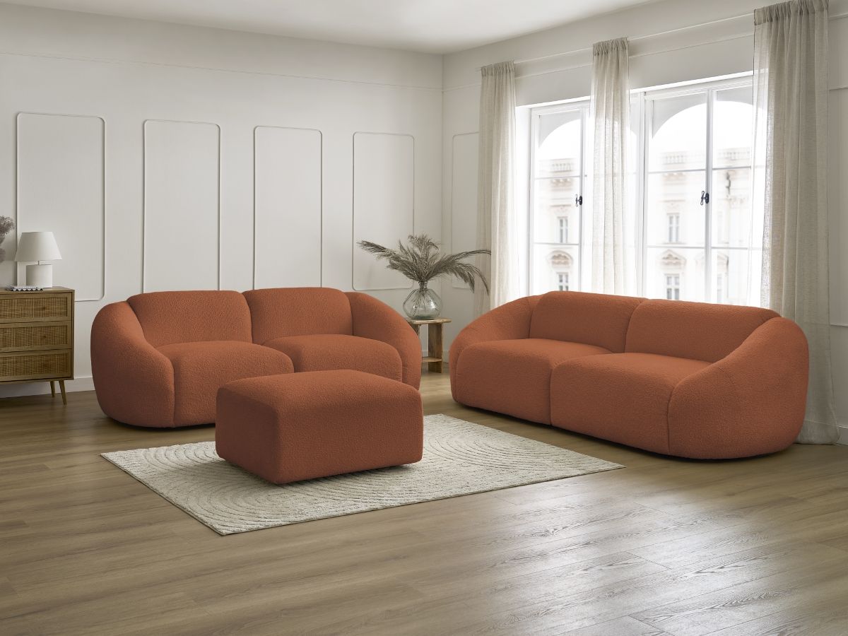 Ensemble canapé droit 3 + 2 places TINA bouclette avec pouf orange — vue 5