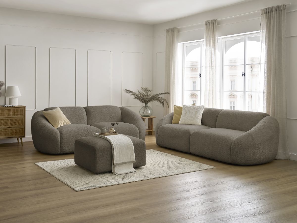 Ensemble canapé droit fixe 3 + 2 places TINA tissu bouclette avec pouf