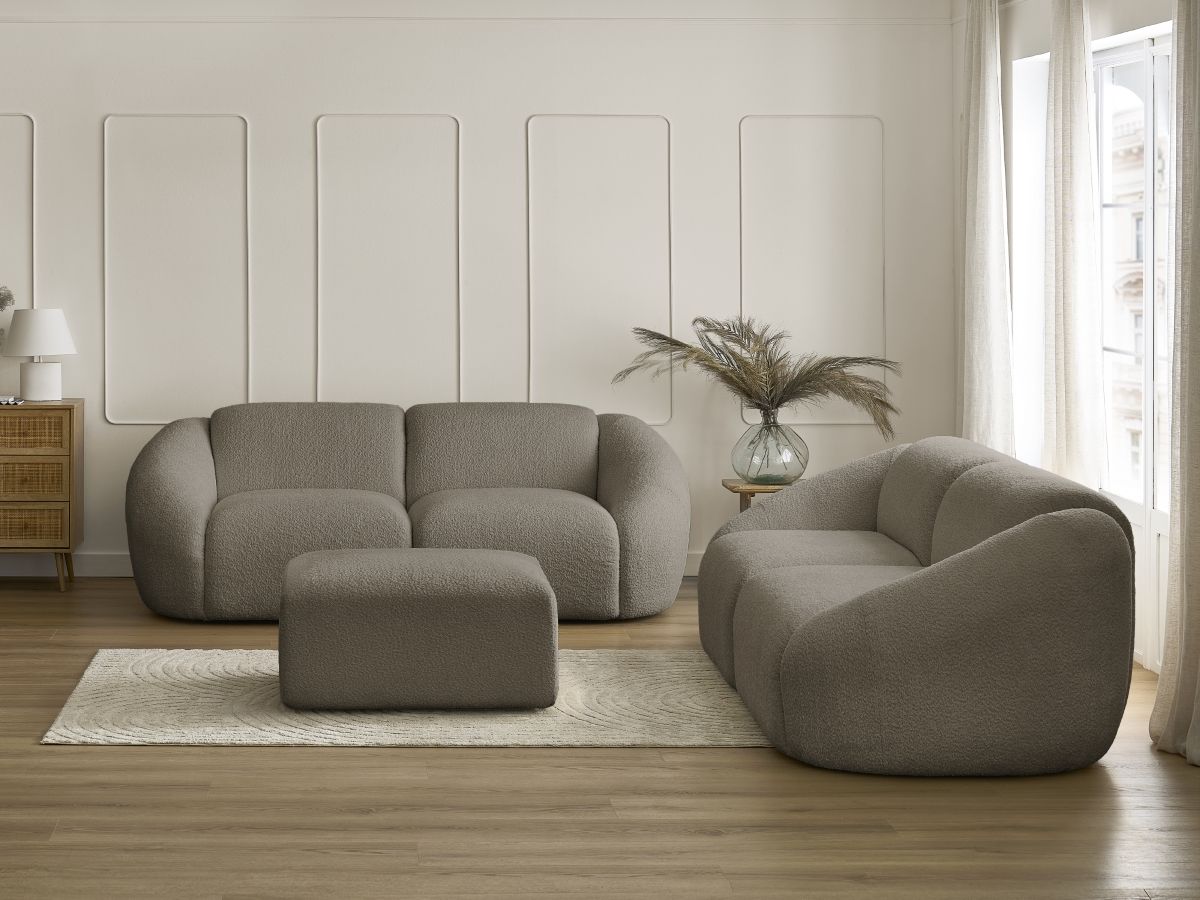 Ensemble canapé droit fixe 3 + 2 places TINA tissu bouclette avec pouf