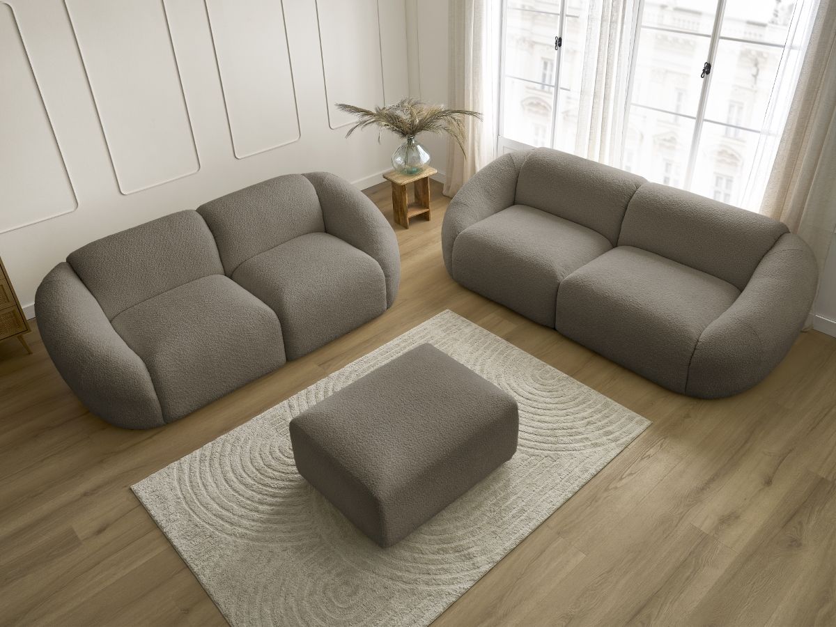 Ensemble canapé droit fixe 3 + 2 places TINA tissu bouclette avec pouf