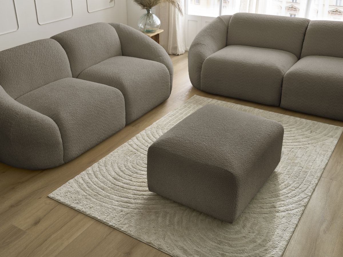 Ensemble canapé droit fixe 3 + 2 places TINA tissu bouclette avec pouf
