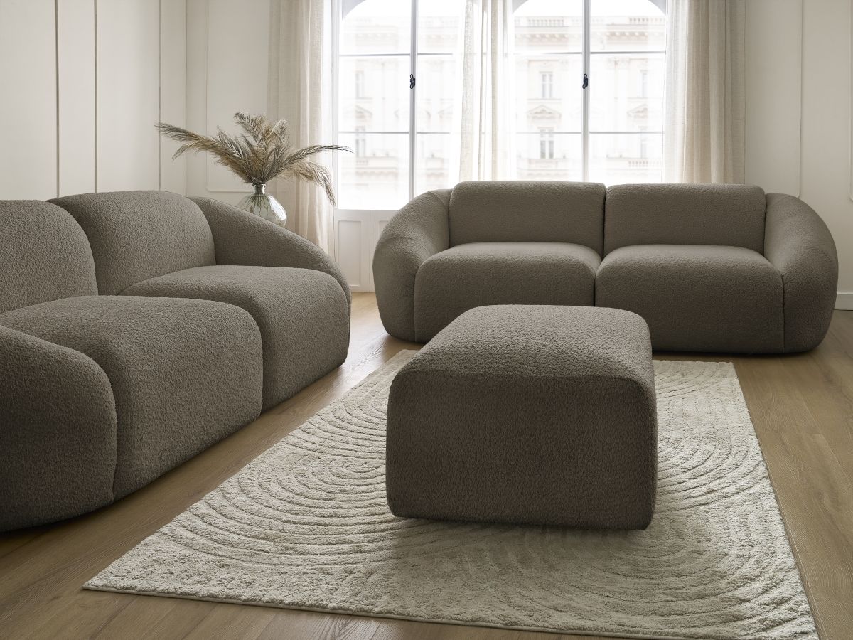 Ensemble canapé droit fixe 3 + 2 places TINA tissu bouclette avec pouf