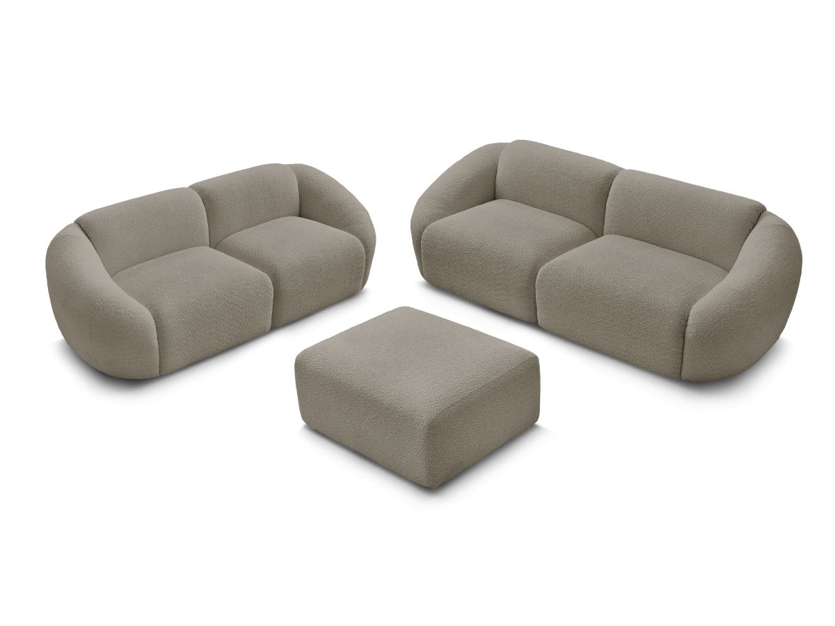 Ensemble canapé droit fixe 3 + 2 places TINA tissu bouclette avec pouf