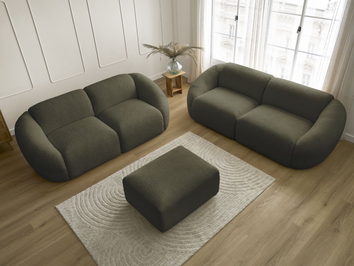 Ensemble canapé droit fixe 3 + 2 places TINA tissu bouclette avec pouf