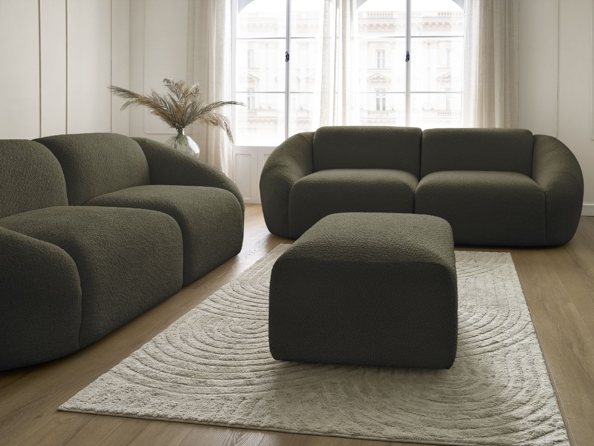 Ensemble canapé droit fixe 3 + 2 places TINA tissu bouclette avec pouf
