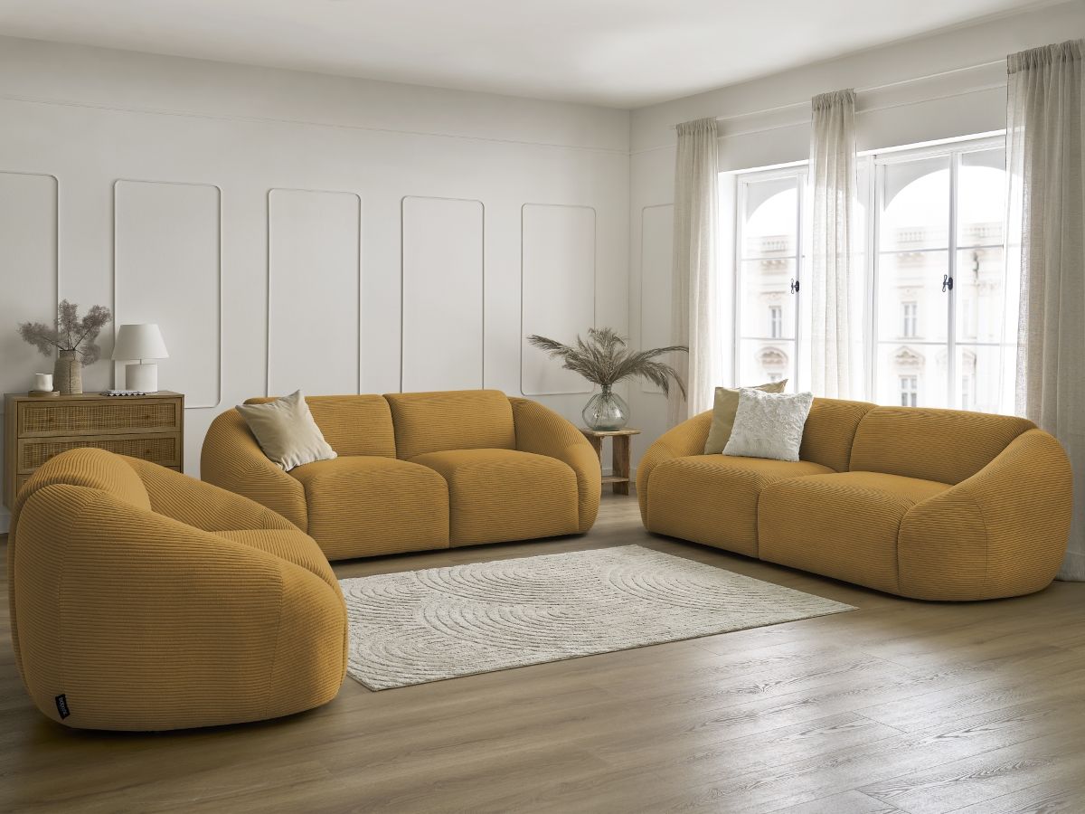 Ensemble canapé droit fixe 3 + 2 places + fauteuil TINA velours côtelé jaune   BOBOCHIC